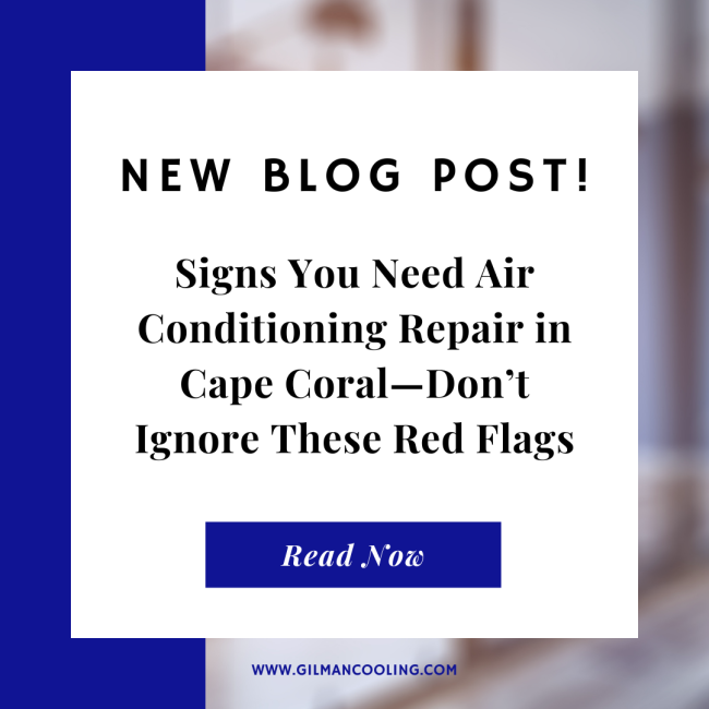 Gilman Cooling-7 HVAC technician inspecting an air conditioning system in a Cape Coral home showing signs of needed repair.